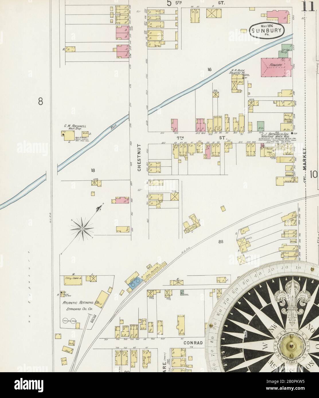 Image 11 of Sanborn Fire Insurance Map from Sunbury, Northumberland County, Pennsylvania. May 1896. 11 Sheet(s), America, street map with a Nineteenth Century compass Stock Photo