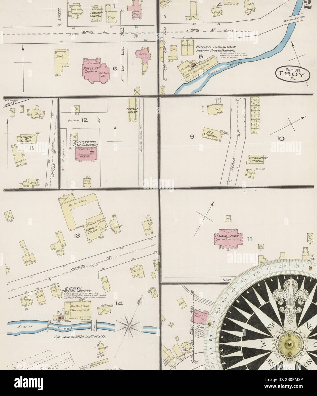 Image 2 of Sanborn Fire Insurance Map from Troy, Bradford County, Pennsylvania. Sep 1885. 2 Sheet(s), America, street map with a Nineteenth Century compass Stock Photo