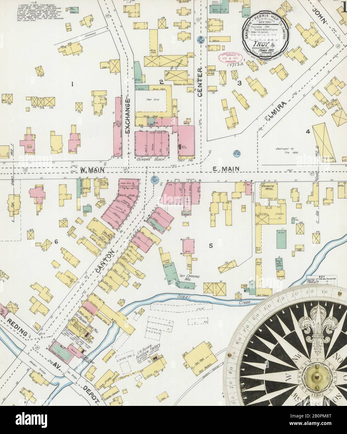 Image 1 of Sanborn Fire Insurance Map from Troy, Bradford County, Pennsylvania. Mar 1892. 2 Sheet(s), America, street map with a Nineteenth Century compass Stock Photo