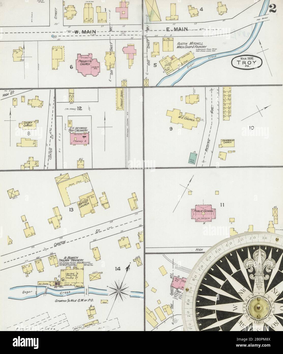 Image 2 of Sanborn Fire Insurance Map from Troy, Bradford County, Pennsylvania. Mar 1892. 2 Sheet(s), America, street map with a Nineteenth Century compass Stock Photo