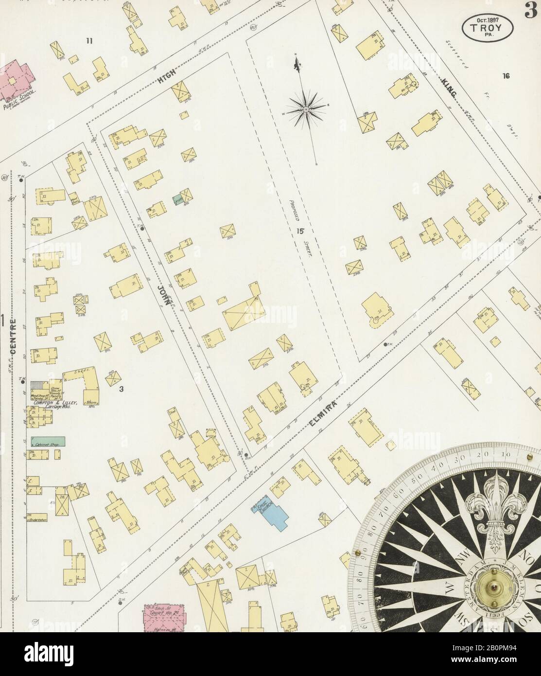 Image 3 of Sanborn Fire Insurance Map from Troy, Bradford County, Pennsylvania. Oct 1897. 4 Sheet(s), America, street map with a Nineteenth Century compass Stock Photo