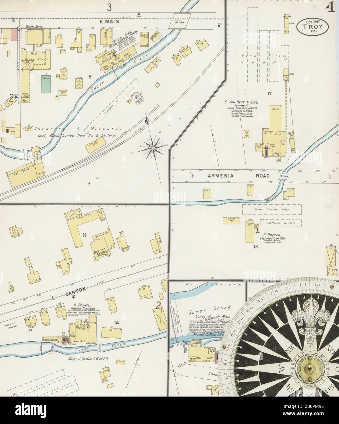 Image 4 of Sanborn Fire Insurance Map from Troy, Bradford County, Pennsylvania. Oct 1897. 4 Sheet(s), America, street map with a Nineteenth Century compass Stock Photo