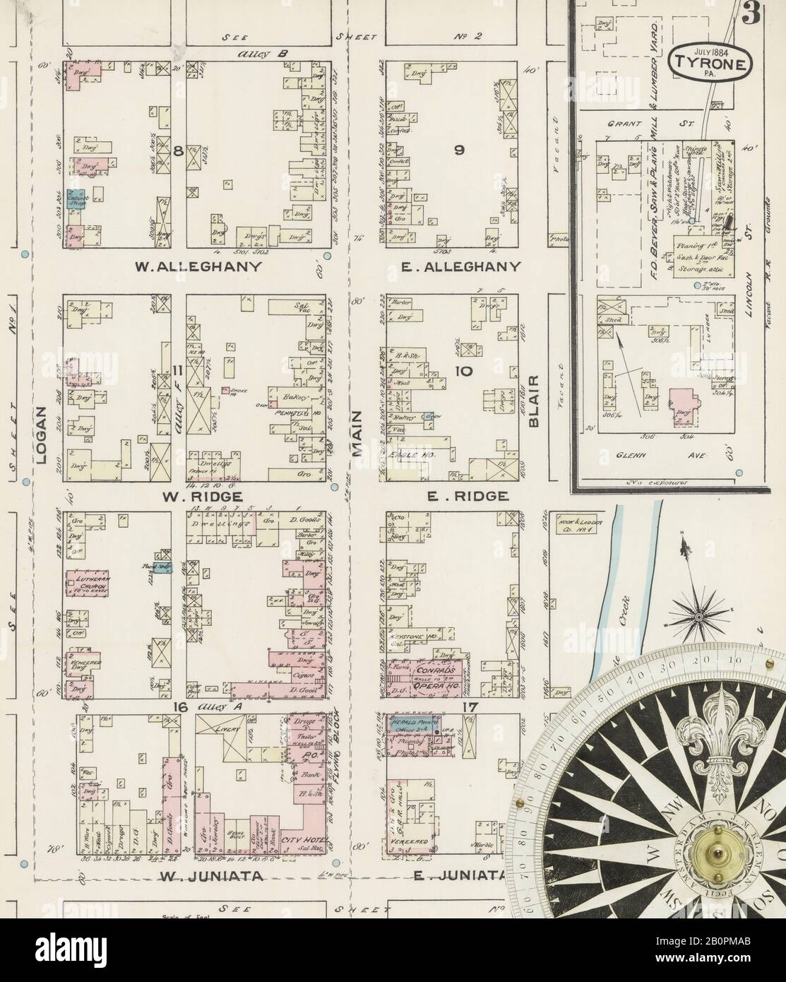 Image 3 of Sanborn Fire Insurance Map from Tyrone, Blair County, Pennsylvania. Jul 1884. 4 Sheet(s), America, street map with a Nineteenth Century compass Stock Photo