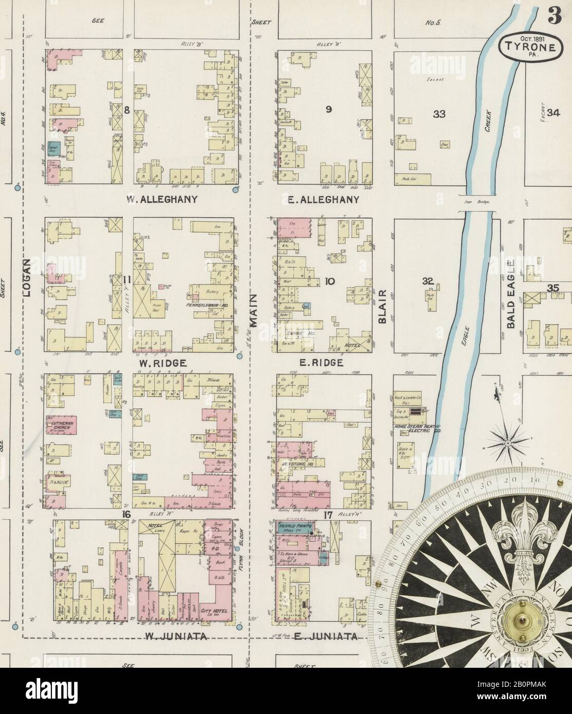 Image 3 of Sanborn Fire Insurance Map from Tyrone, Blair County, Pennsylvania. Oct 1891. 6 Sheet(s), America, street map with a Nineteenth Century compass Stock Photo