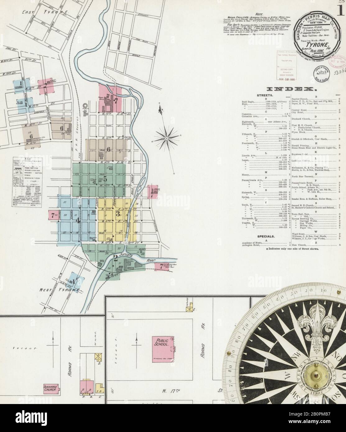 Image 1 of Sanborn Fire Insurance Map from Tyrone, Blair County, Pennsylvania. Aug 1896. 7 Sheet(s), America, street map with a Nineteenth Century compass Stock Photo