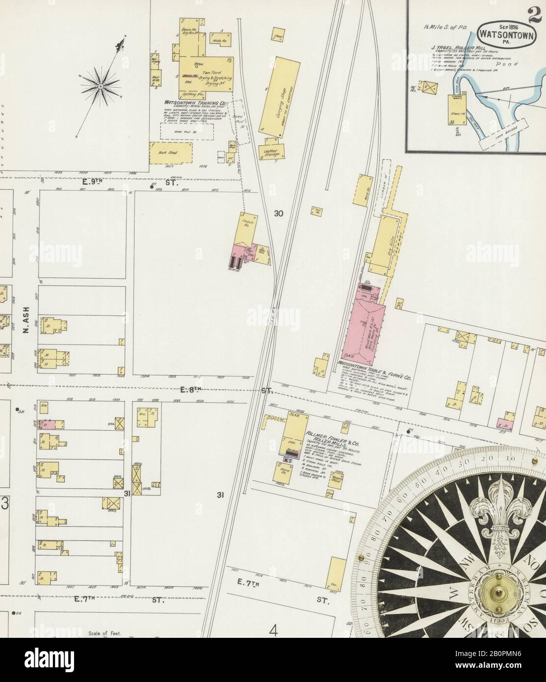 Image 2 of Sanborn Fire Insurance Map from Watsontown, Northumberland County, Pennsylvania. Sep 1896. 6 Sheet(s), America, street map with a Nineteenth Century compass Stock Photo