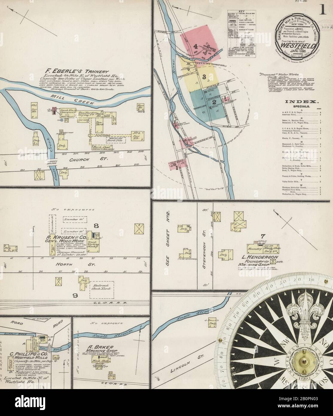 Image 1 of Sanborn Fire Insurance Map from Westfield, Tioga County, Pennsylvania. Jan 1886. 4 Sheet(s), America, street map with a Nineteenth Century compass Stock Photo