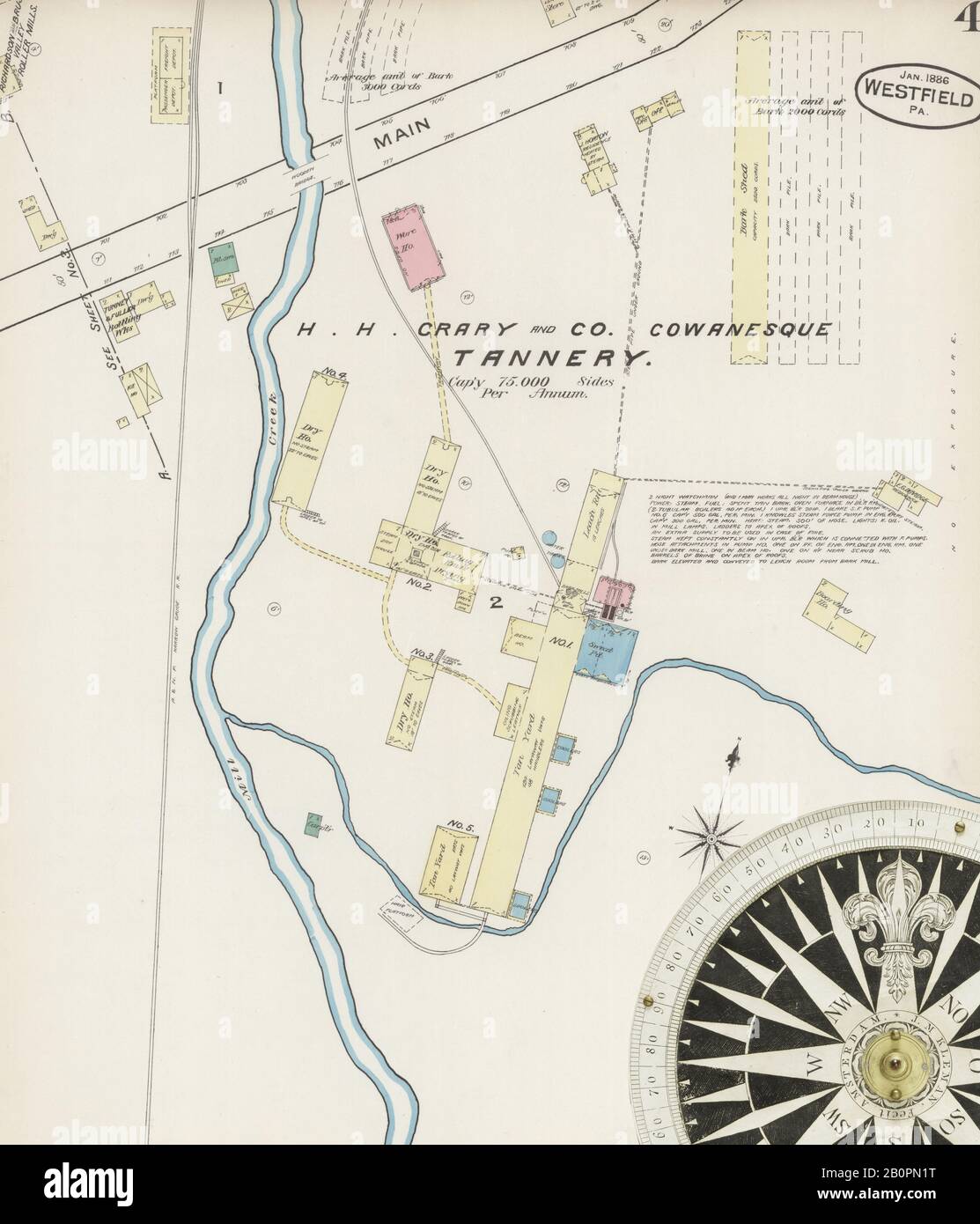 Image 4 of Sanborn Fire Insurance Map from Westfield, Tioga County, Pennsylvania. Jan 1886. 4 Sheet(s), America, street map with a Nineteenth Century compass Stock Photo