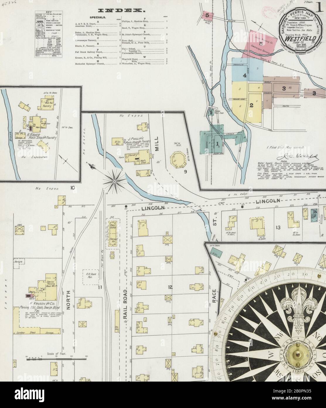 Image 1 of Sanborn Fire Insurance Map from Westfield, Tioga County, Pennsylvania. Sep 1894. 5 Sheet(s), America, street map with a Nineteenth Century compass Stock Photo