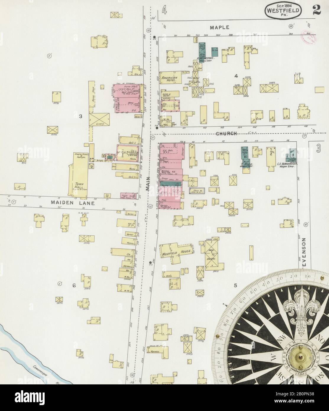 Image 2 of Sanborn Fire Insurance Map from Westfield, Tioga County, Pennsylvania. Sep 1894. 5 Sheet(s), America, street map with a Nineteenth Century compass Stock Photo
