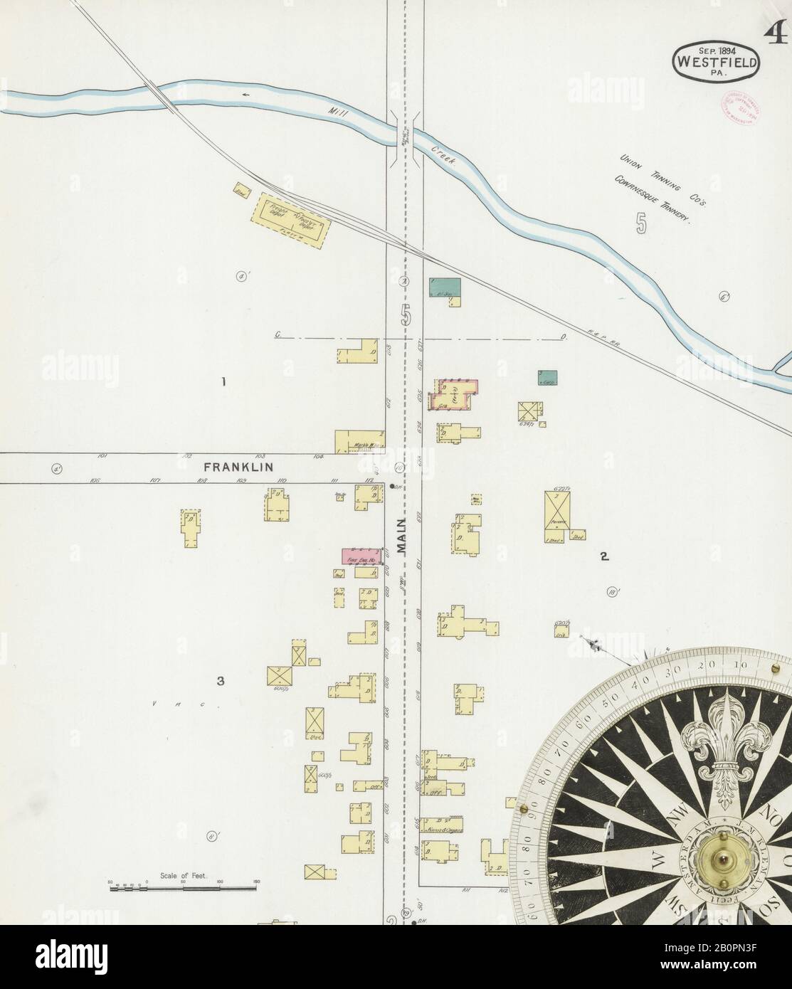 Image 4 of Sanborn Fire Insurance Map from Westfield, Tioga County, Pennsylvania. Sep 1894. 5 Sheet(s), America, street map with a Nineteenth Century compass Stock Photo