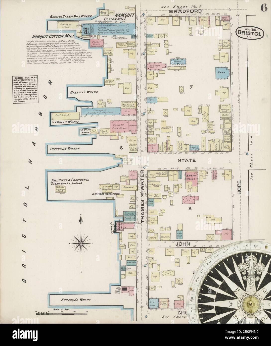 Image 6 of Sanborn Fire Insurance Map from Bristol, Bristol County, Rhode Island. Aug 1884. 6 Sheet(s), America, street map with a Nineteenth Century compass Stock Photo