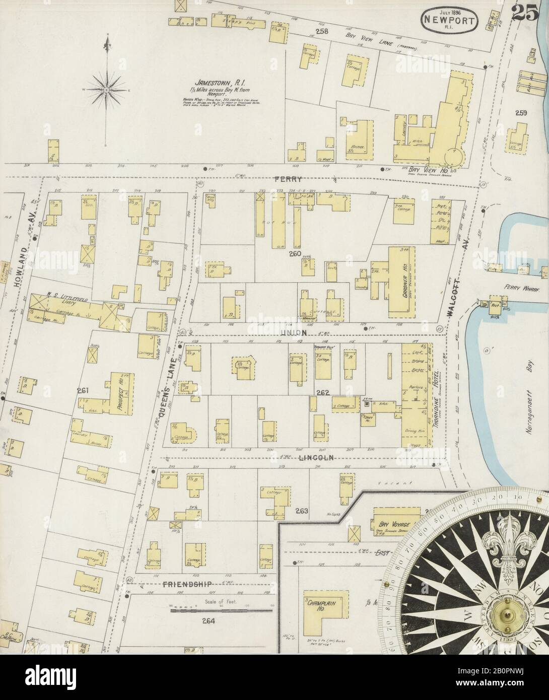 Image 26 of Sanborn Fire Insurance Map from Newport, Newport County, Rhode Island. Jul 1896. 25 Sheet(s), America, street map with a Nineteenth Century compass Stock Photo