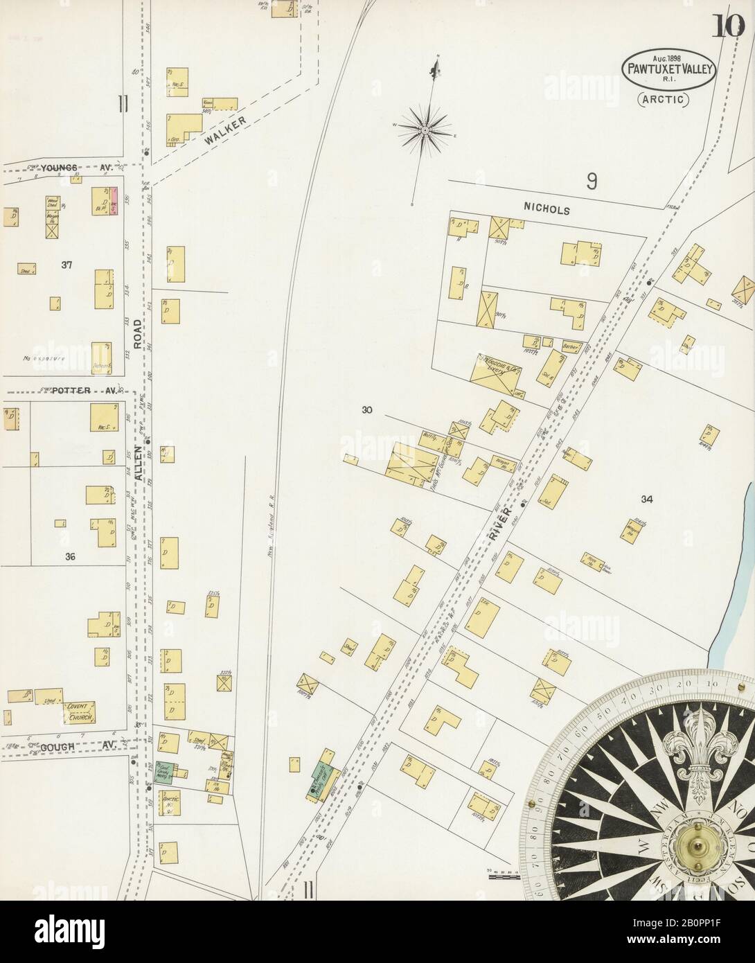 Image 10 of Sanborn Fire Insurance Map from Pawtuxet Valley, Kent and Providence Counties, Rhode Island. Aug 1898. 21 Sheet(s). Includes Anthony, Apponaug, Arctic, Arctic Centre, Centreville, Clyde, Crompton, Fiskville, Harris, Hope Village, Lippitt, Natick, North Centreville, Phenix, Quidnick, River Point, Washington, America, street map with a Nineteenth Century compass Stock Photo