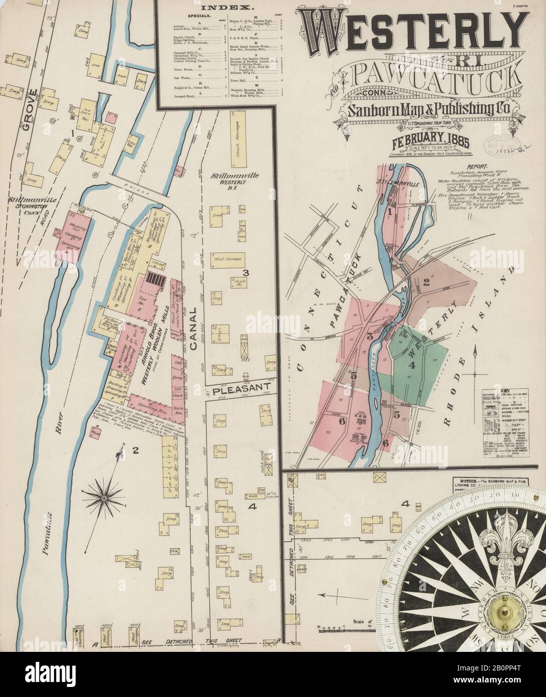 Image 1 of Sanborn Fire Insurance Map from Westerly, Washington County, Rhode Island. Feb 1885. 7 Sheet(s), America, street map with a Nineteenth Century compass Stock Photo