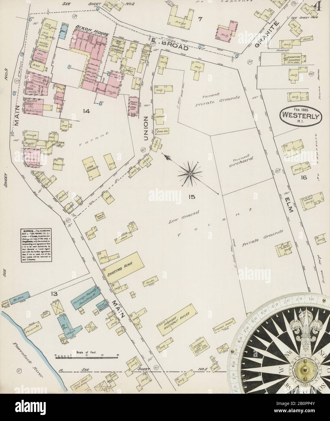 Image 4 of Sanborn Fire Insurance Map from Westerly, Washington County, Rhode Island. Feb 1885. 7 Sheet(s), America, street map with a Nineteenth Century compass Stock Photo
