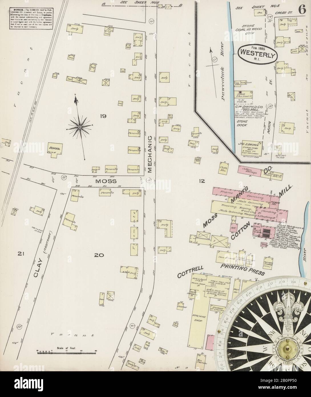 Image 6 of Sanborn Fire Insurance Map from Westerly, Washington County, Rhode Island. Feb 1885. 7 Sheet(s), America, street map with a Nineteenth Century compass Stock Photo