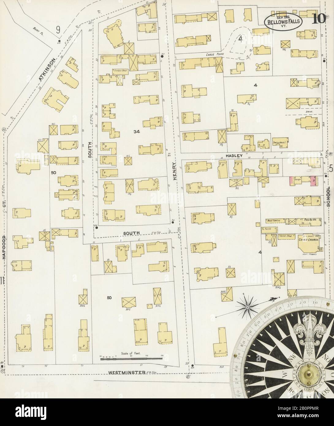 Image 10 of Sanborn Fire Insurance Map from Bellows Falls, Windham County, Vermont. Sep 1906. 13 Sheet(s), America, street map with a Nineteenth Century compass Stock Photo