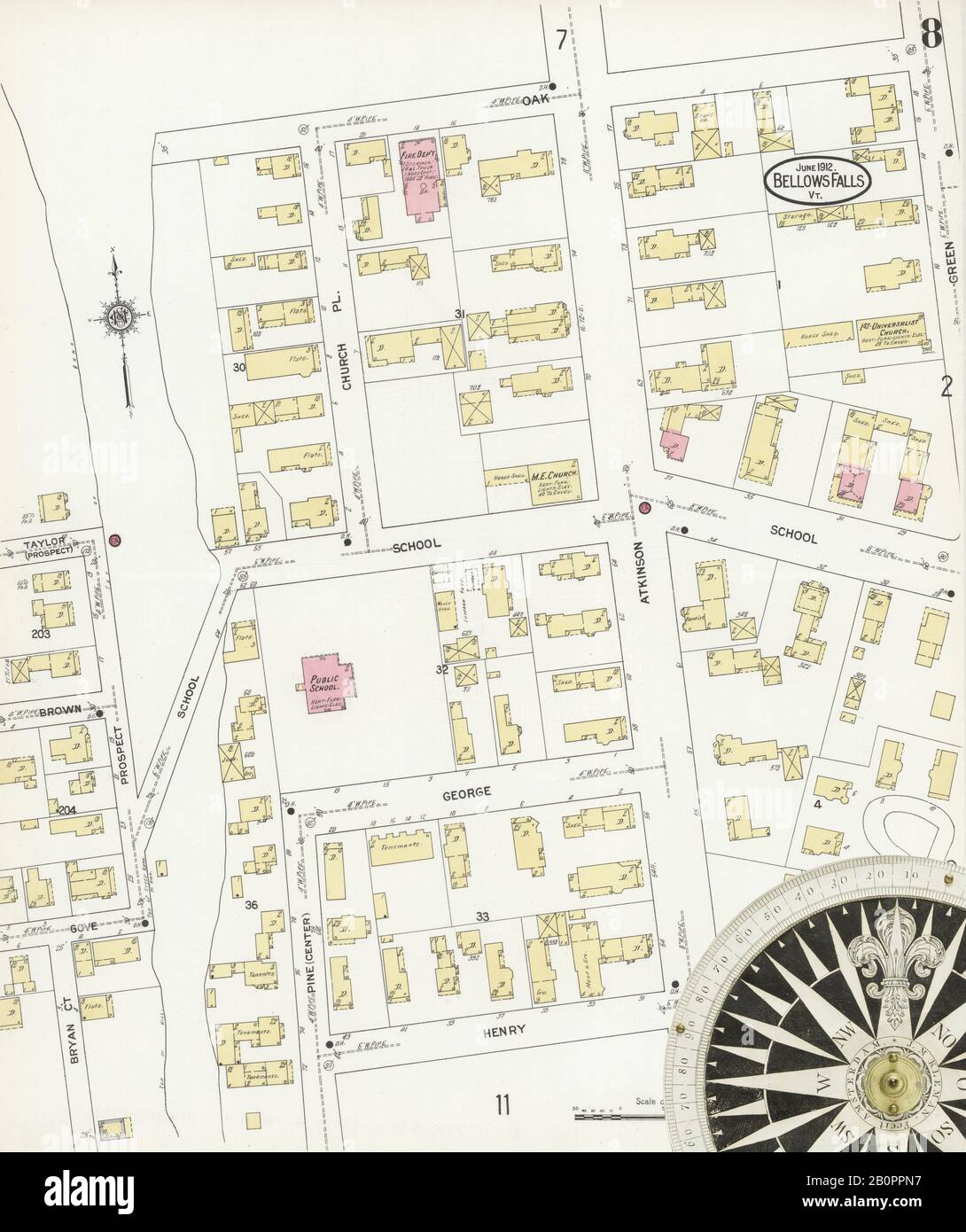 Image 8 of Sanborn Fire Insurance Map from Bellows Falls, Windham County, Vermont. Jun 1912. 14 Sheet(s). Includes North Walpole, Cheshire Co., New Hampshire, America, street map with a Nineteenth Century compass Stock Photo