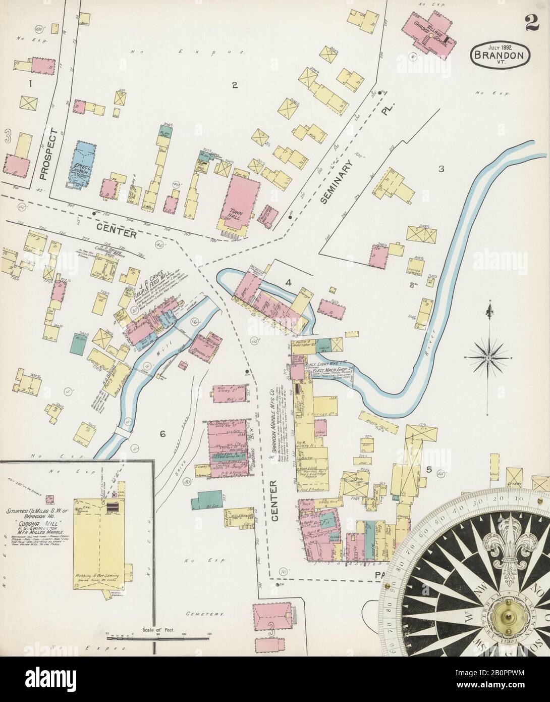 Image 2 of Sanborn Fire Insurance Map from Brandon, Rutland County, Vermont. Jul 1892. 4 Sheet(s), America, street map with a Nineteenth Century compass Stock Photo