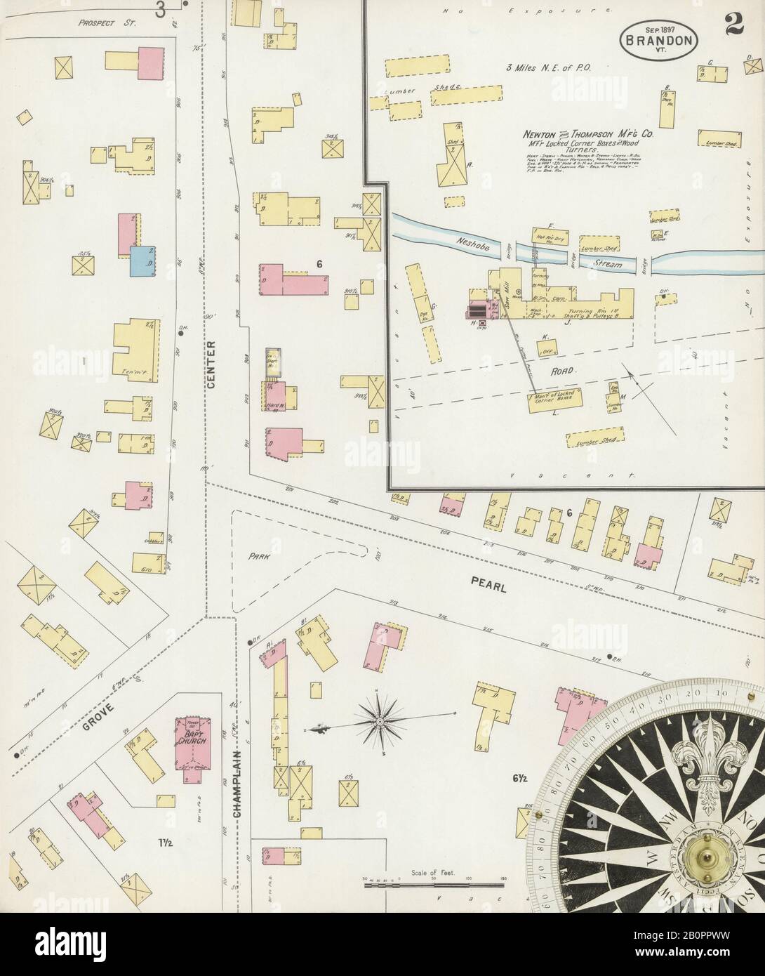 Image 2 of Sanborn Fire Insurance Map from Brandon, Rutland County, Vermont. Sep 1897. 5 Sheet(s), America, street map with a Nineteenth Century compass Stock Photo
