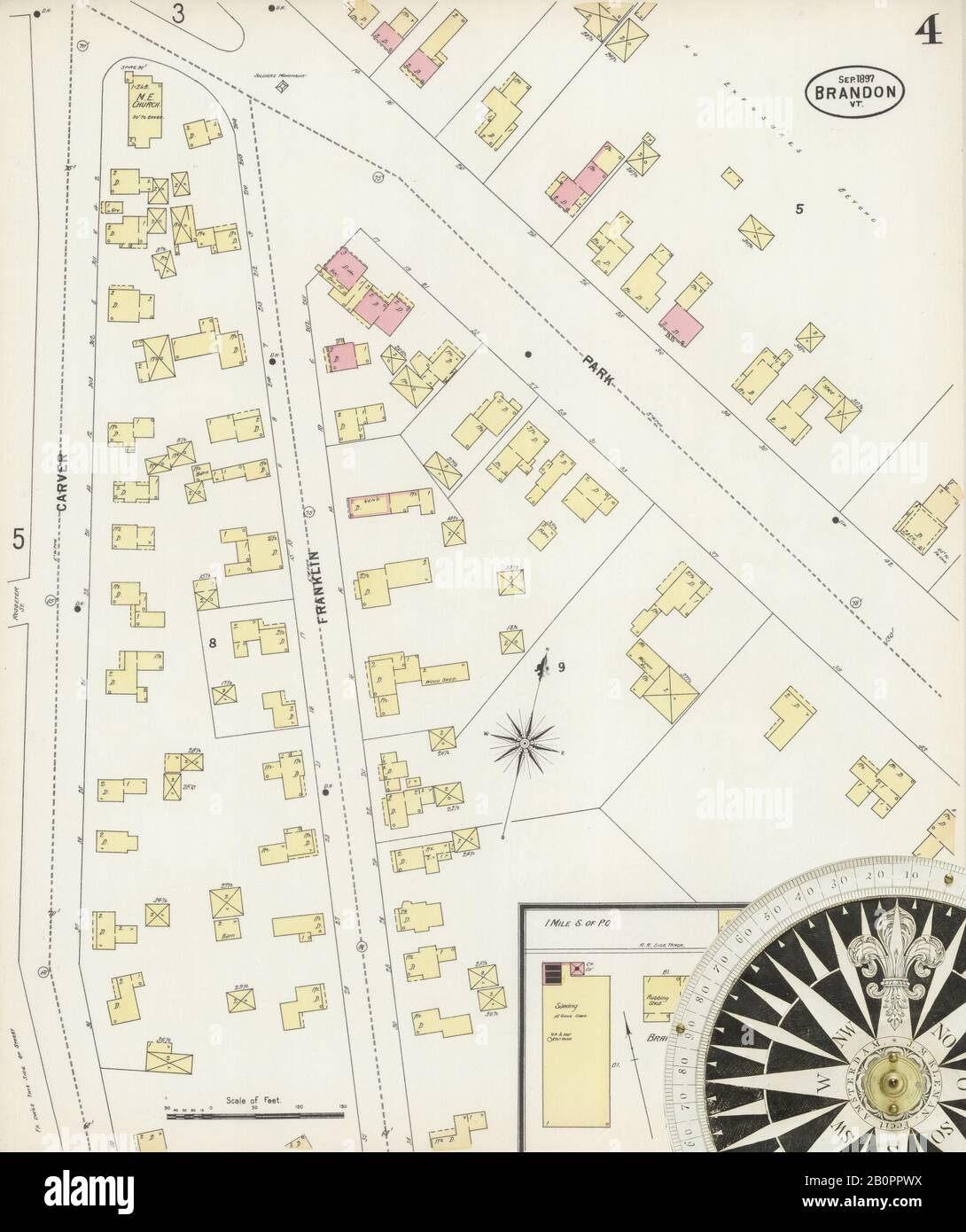 Image 4 of Sanborn Fire Insurance Map from Brandon, Rutland County, Vermont. Sep 1897. 5 Sheet(s), America, street map with a Nineteenth Century compass Stock Photo