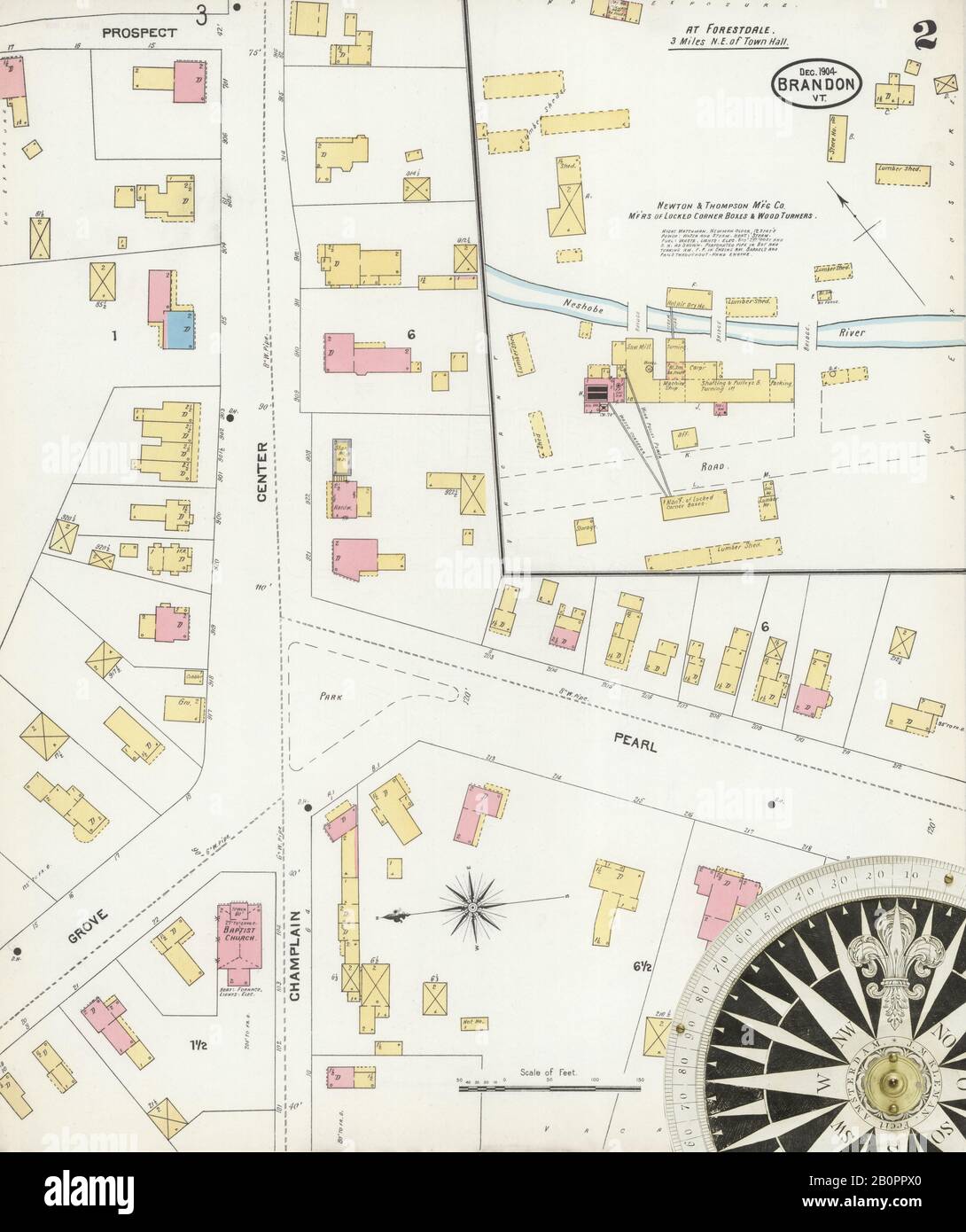 Image 2 of Sanborn Fire Insurance Map from Brandon, Rutland County, Vermont. Dec 1904. 5 Sheet(s), America, street map with a Nineteenth Century compass Stock Photo