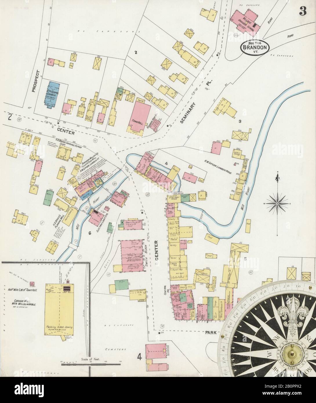 Image 3 of Sanborn Fire Insurance Map from Brandon, Rutland County, Vermont. Dec 1904. 5 Sheet(s), America, street map with a Nineteenth Century compass Stock Photo