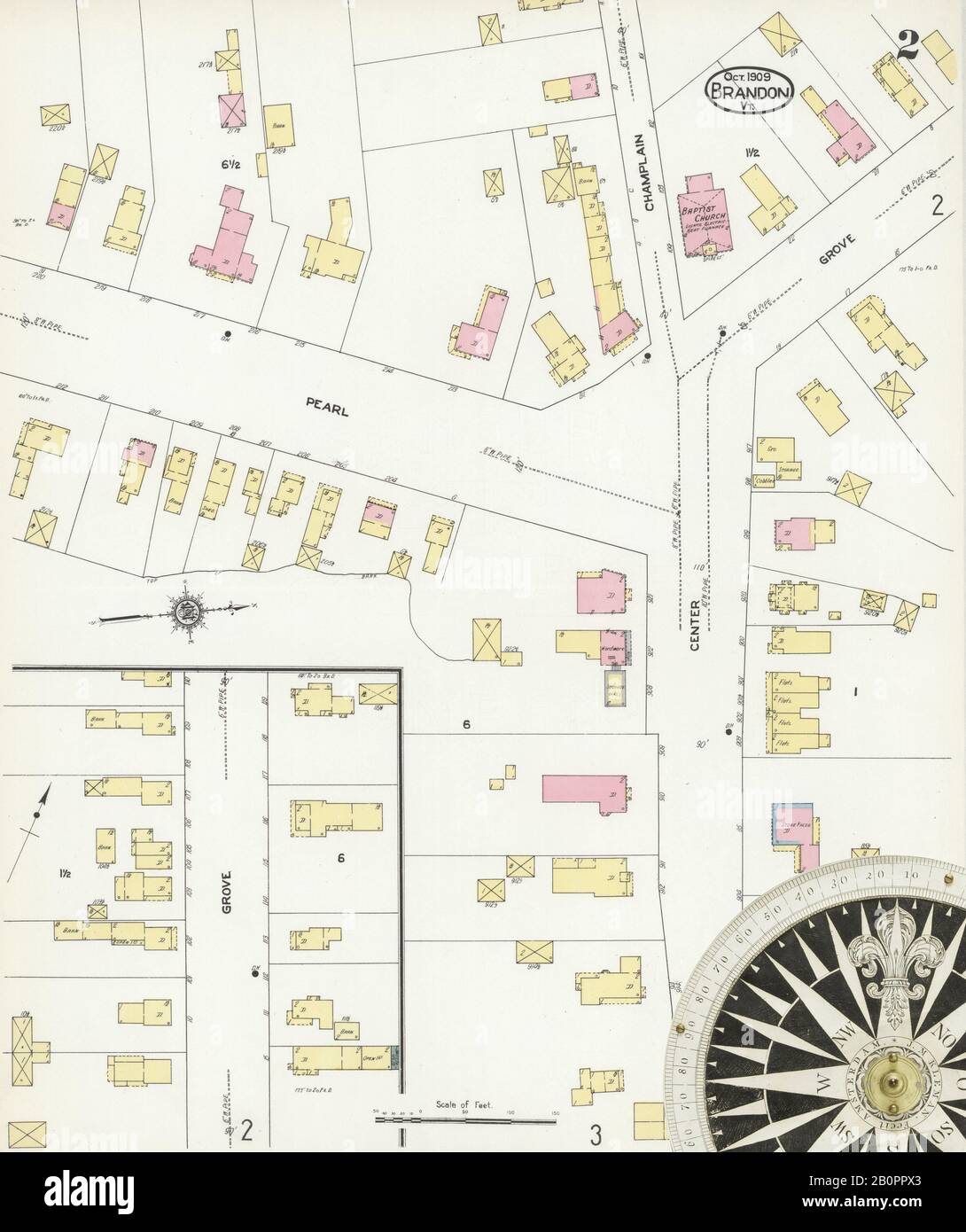 Image 2 of Sanborn Fire Insurance Map from Brandon, Rutland County, Vermont. Oct 1909. 6 Sheet(s), America, street map with a Nineteenth Century compass Stock Photo