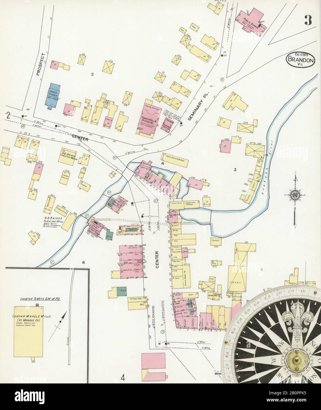 Image 3 of Sanborn Fire Insurance Map from Brandon, Rutland County, Vermont. Oct 1909. 6 Sheet(s), America, street map with a Nineteenth Century compass Stock Photo