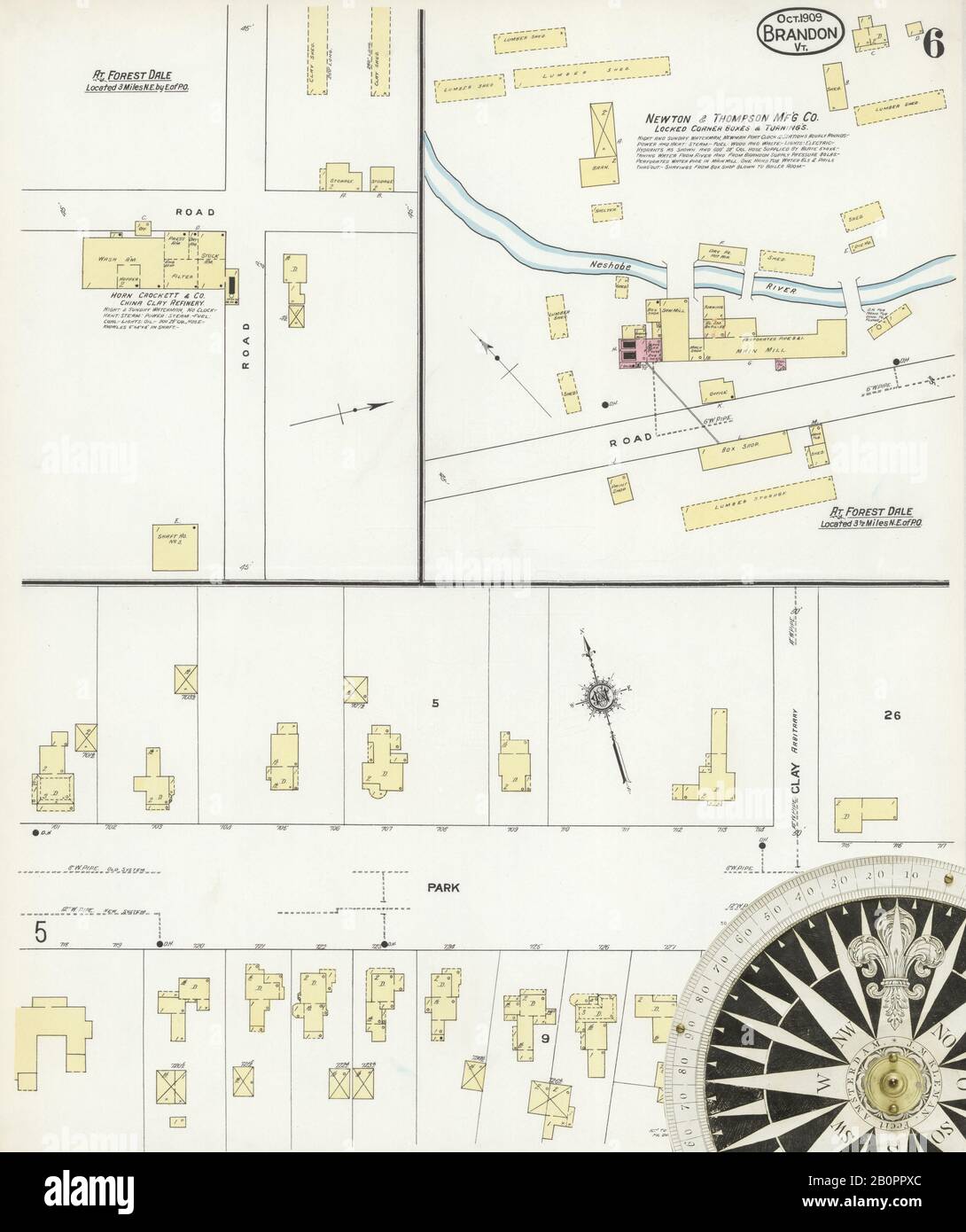 Image 6 of Sanborn Fire Insurance Map from Brandon, Rutland County, Vermont. Oct 1909. 6 Sheet(s), America, street map with a Nineteenth Century compass Stock Photo