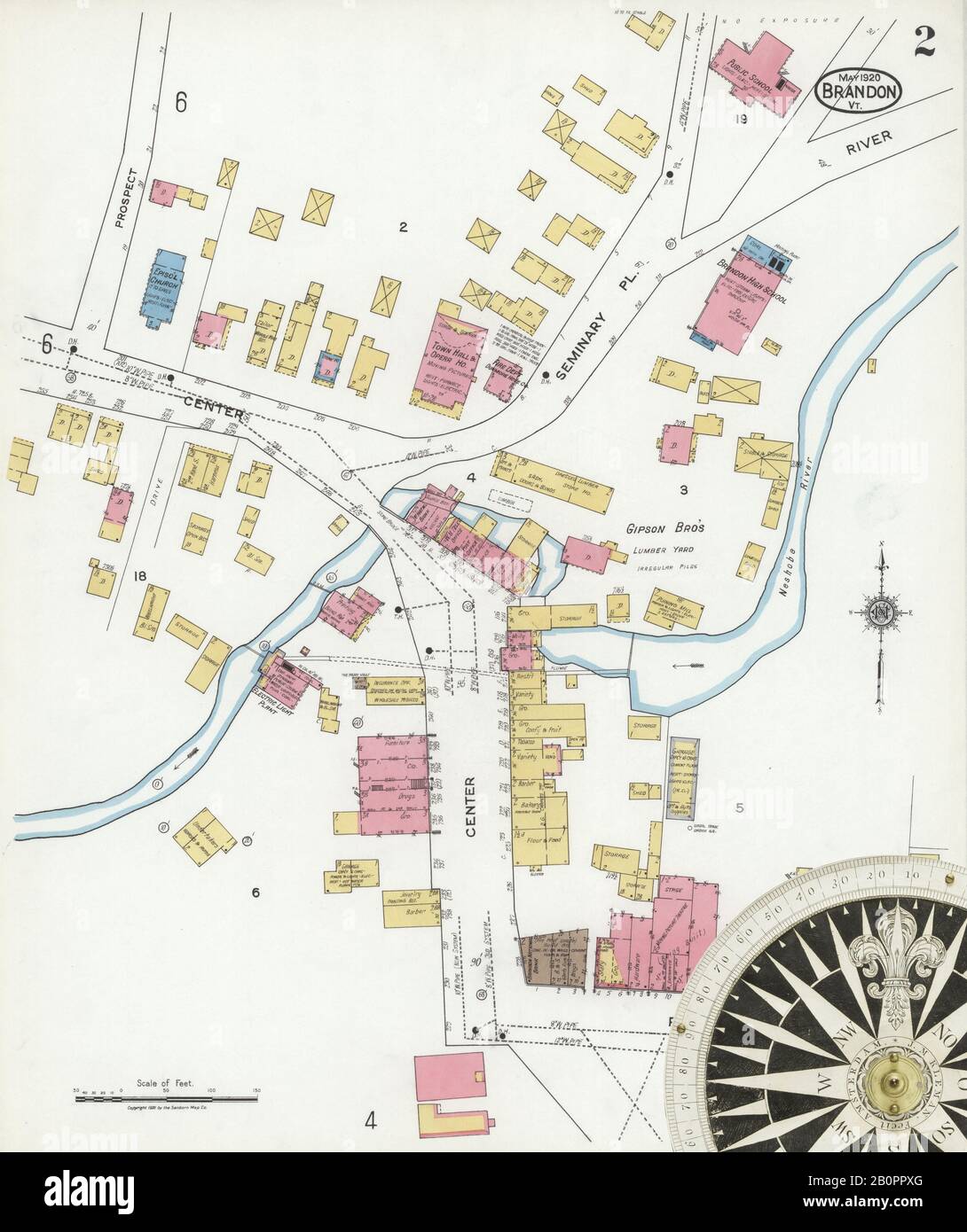Image 2 of Sanborn Fire Insurance Map from Brandon, Rutland County, Vermont. May 1920. 7 Sheet(s), America, street map with a Nineteenth Century compass Stock Photo