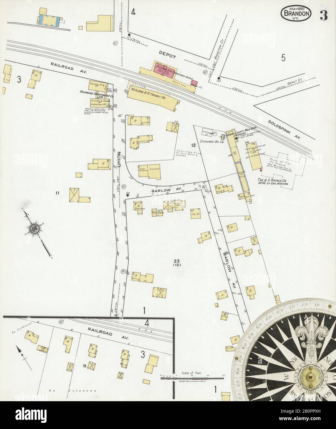 Image 3 of Sanborn Fire Insurance Map from Brandon, Rutland County, Vermont. May 1920. 7 Sheet(s), America, street map with a Nineteenth Century compass Stock Photo
