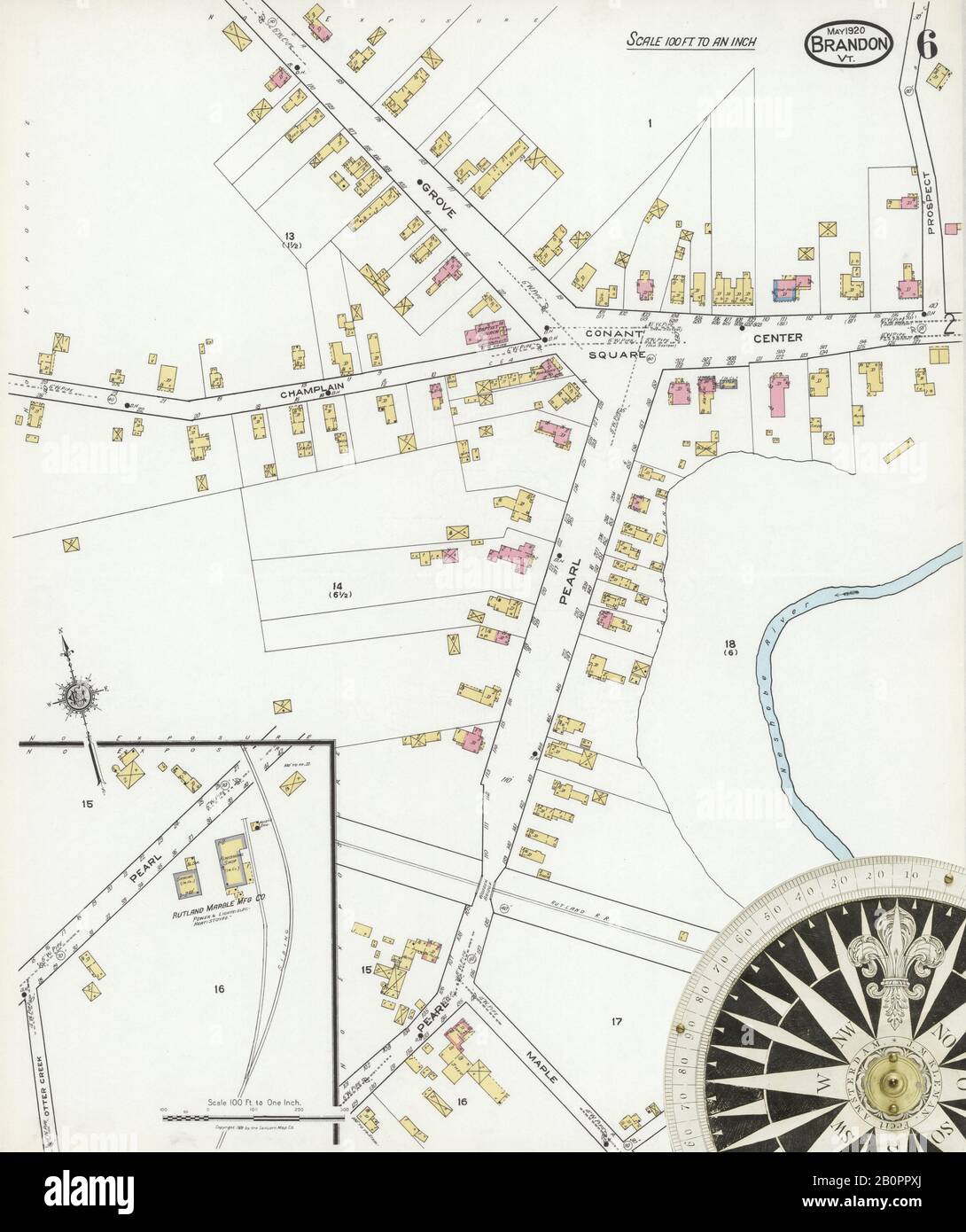 Image 6 of Sanborn Fire Insurance Map from Brandon, Rutland County, Vermont. May 1920. 7 Sheet(s), America, street map with a Nineteenth Century compass Stock Photo
