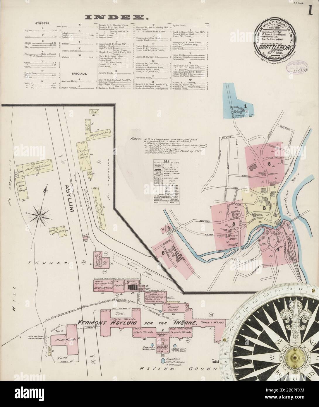 Image 1 of Sanborn Fire Insurance Map from Brattleboro, Windham County, Vermont. May 1885. 6 Sheet(s), America, street map with a Nineteenth Century compass Stock Photo