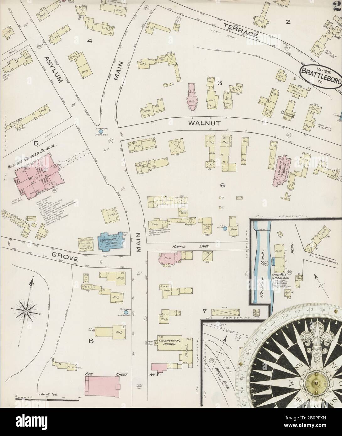 Image 2 of Sanborn Fire Insurance Map from Brattleboro, Windham County, Vermont. May 1885. 6 Sheet(s), America, street map with a Nineteenth Century compass Stock Photo