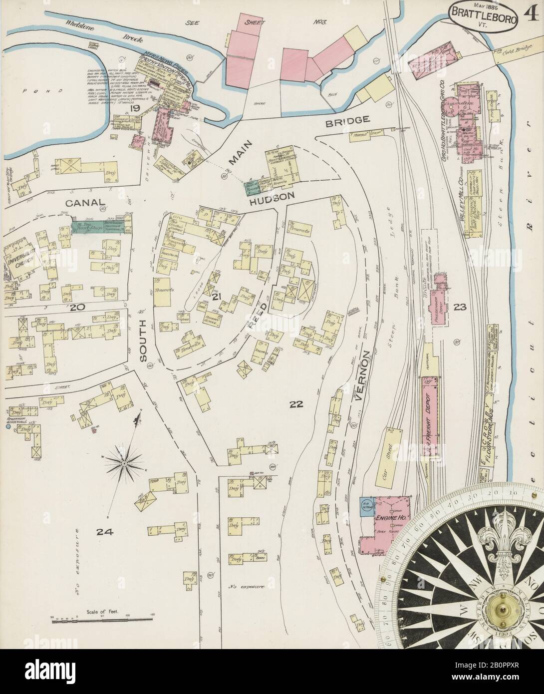Image 4 of Sanborn Fire Insurance Map from Brattleboro, Windham County, Vermont. May 1885. 6 Sheet(s), America, street map with a Nineteenth Century compass Stock Photo