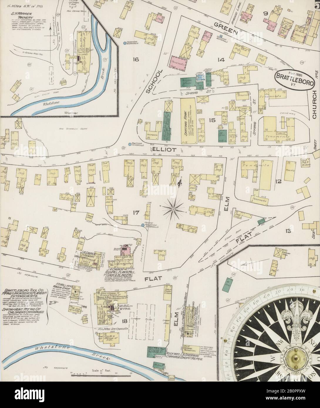 Image 5 of Sanborn Fire Insurance Map from Brattleboro, Windham County, Vermont. May 1885. 6 Sheet(s), America, street map with a Nineteenth Century compass Stock Photo