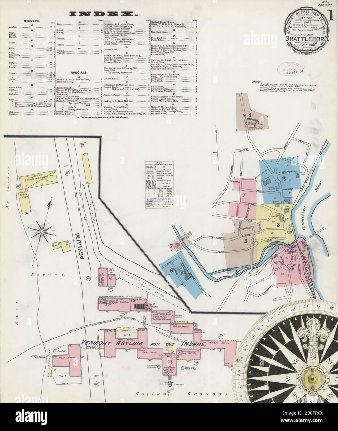 Image 1 of Sanborn Fire Insurance Map from Brattleboro, Windham County, Vermont. Nov 1891. 7 Sheet(s), America, street map with a Nineteenth Century compass Stock Photo