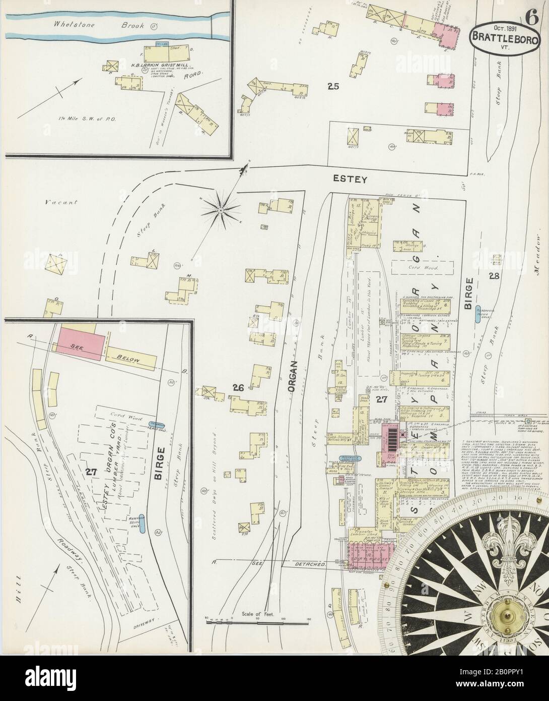 Image 6 of Sanborn Fire Insurance Map from Brattleboro, Windham County, Vermont. Nov 1891. 7 Sheet(s), America, street map with a Nineteenth Century compass Stock Photo