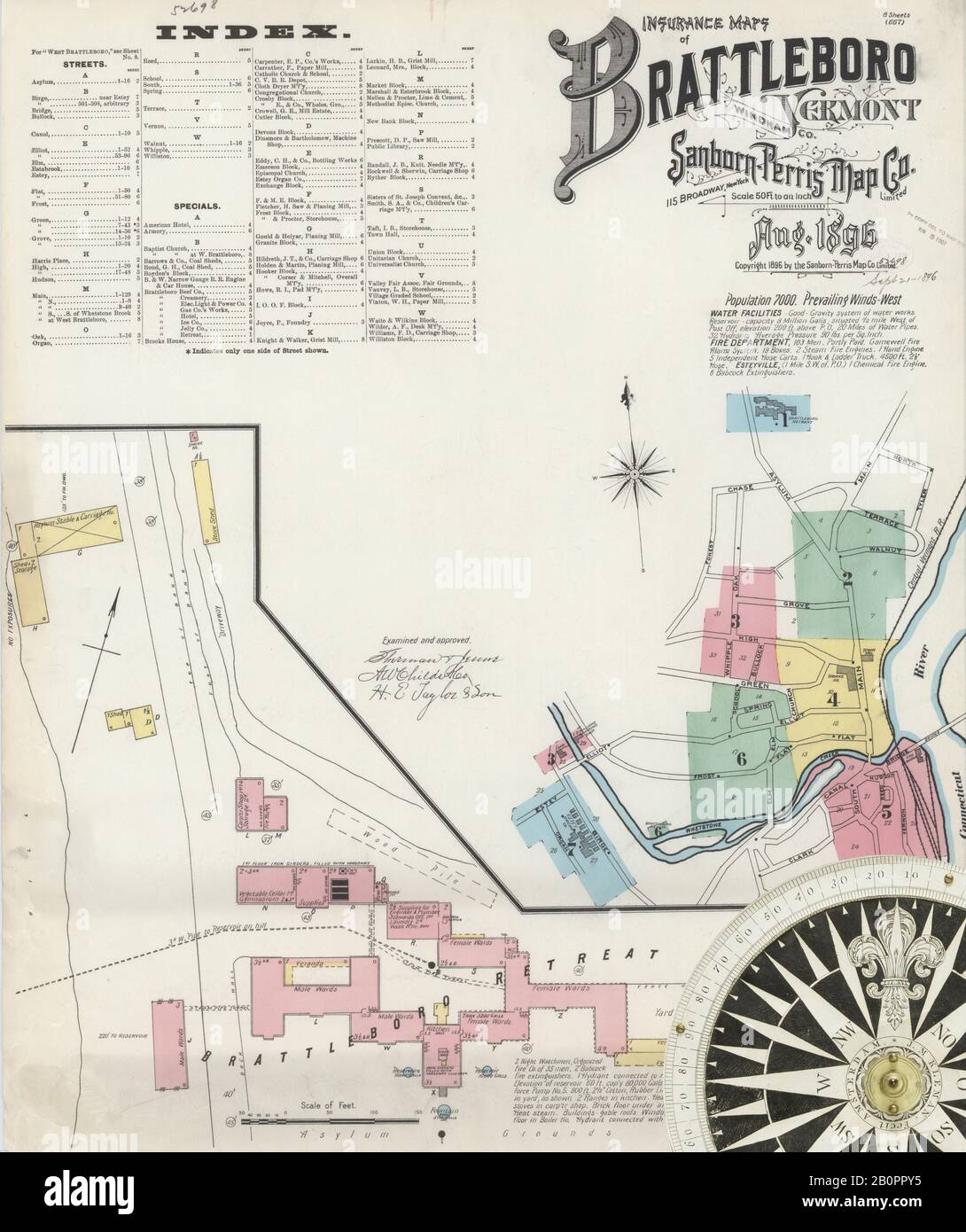 Image 1 of Sanborn Fire Insurance Map from Brattleboro, Windham County, Vermont. Aug 1896. 8 Sheet(s), America, street map with a Nineteenth Century compass Stock Photo