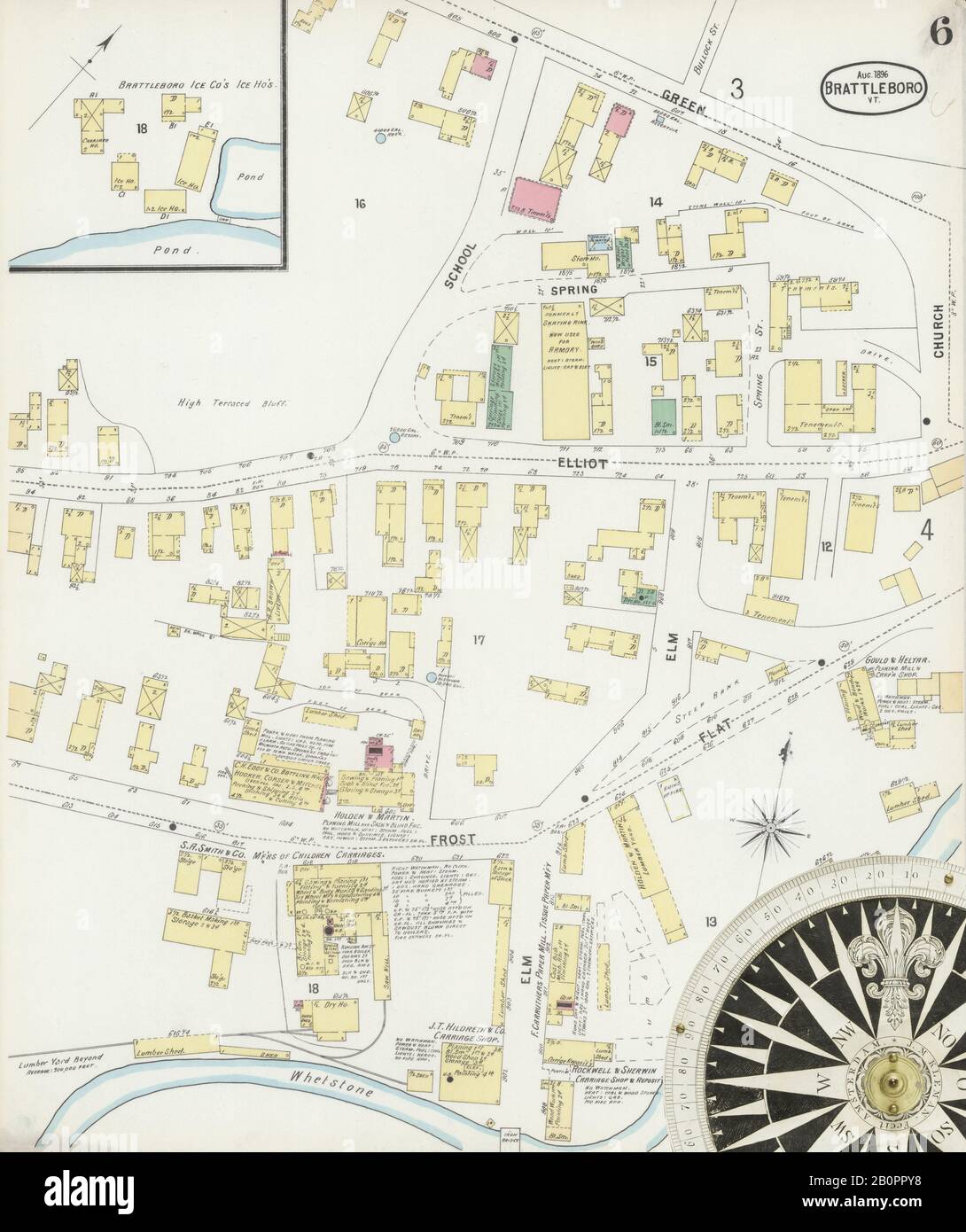 Image 6 of Sanborn Fire Insurance Map from Brattleboro, Windham County, Vermont. Aug 1896. 8 Sheet(s), America, street map with a Nineteenth Century compass Stock Photo