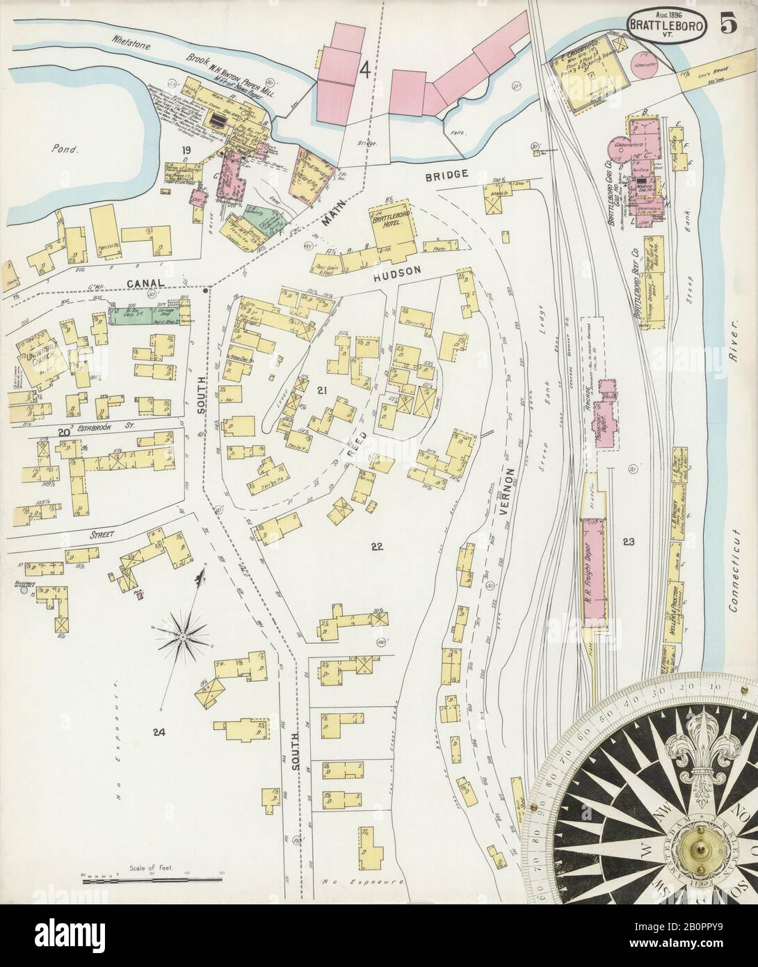 Image 5 of Sanborn Fire Insurance Map from Brattleboro, Windham County, Vermont. Aug 1896. 8 Sheet(s), America, street map with a Nineteenth Century compass Stock Photo