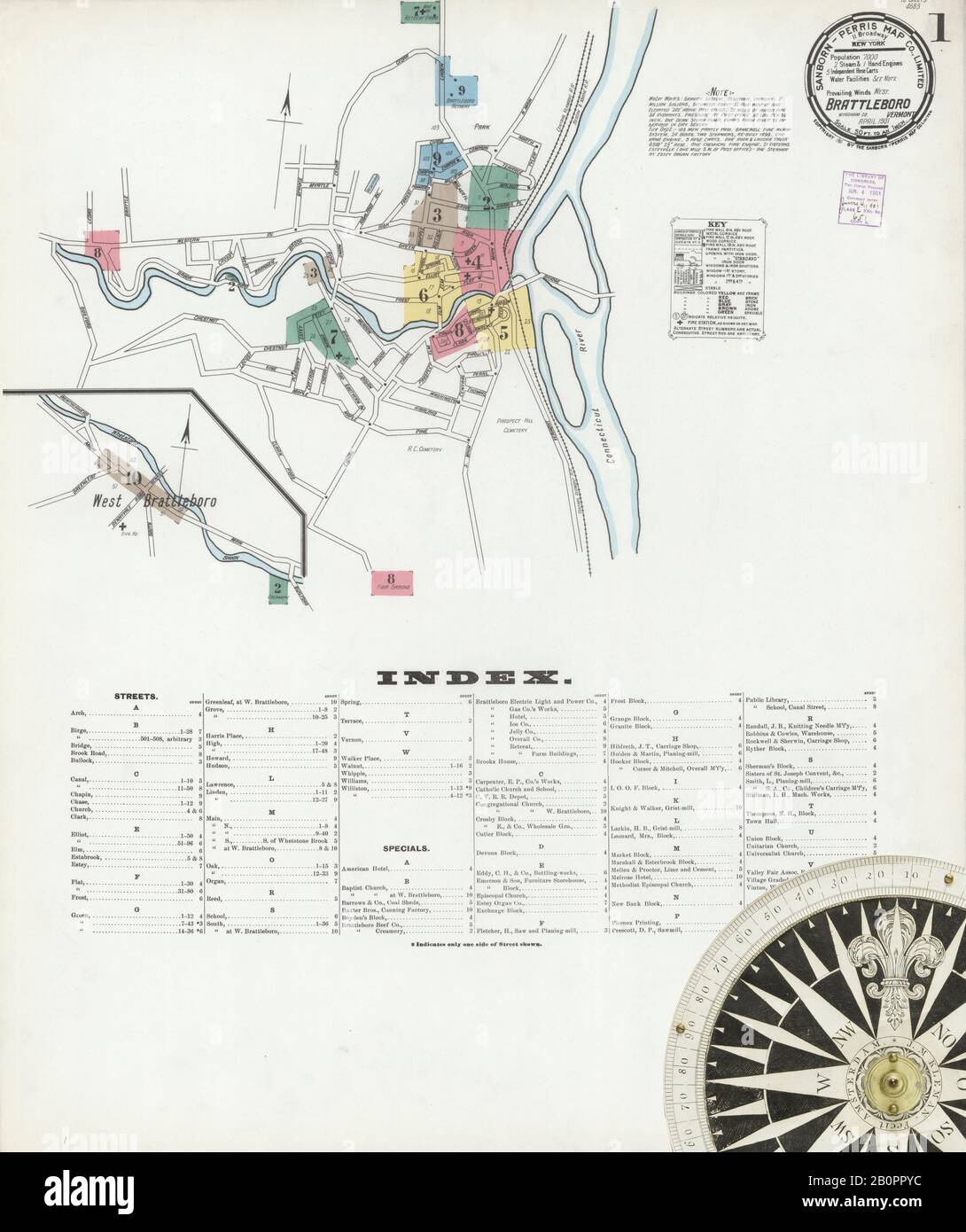 Image 1 of Sanborn Fire Insurance Map from Brattleboro, Windham County, Vermont. Apr 1901. 10 Sheet(s), America, street map with a Nineteenth Century compass Stock Photo