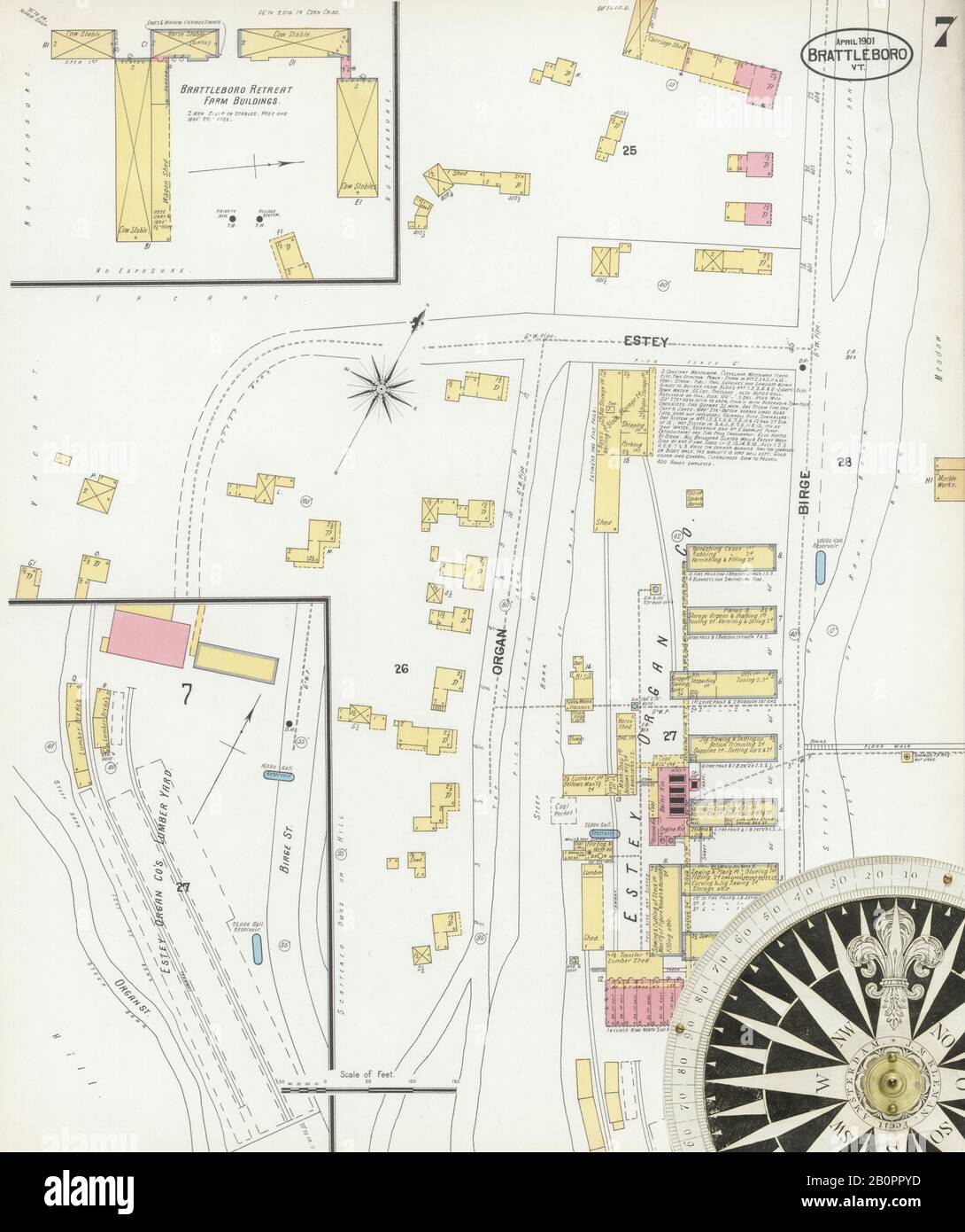 Image 7 of Sanborn Fire Insurance Map from Brattleboro, Windham County, Vermont. Apr 1901. 10 Sheet(s), America, street map with a Nineteenth Century compass Stock Photo