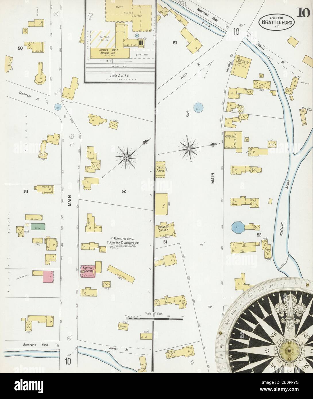Image 10 of Sanborn Fire Insurance Map from Brattleboro, Windham County, Vermont. Apr 1901. 10 Sheet(s), America, street map with a Nineteenth Century compass Stock Photo