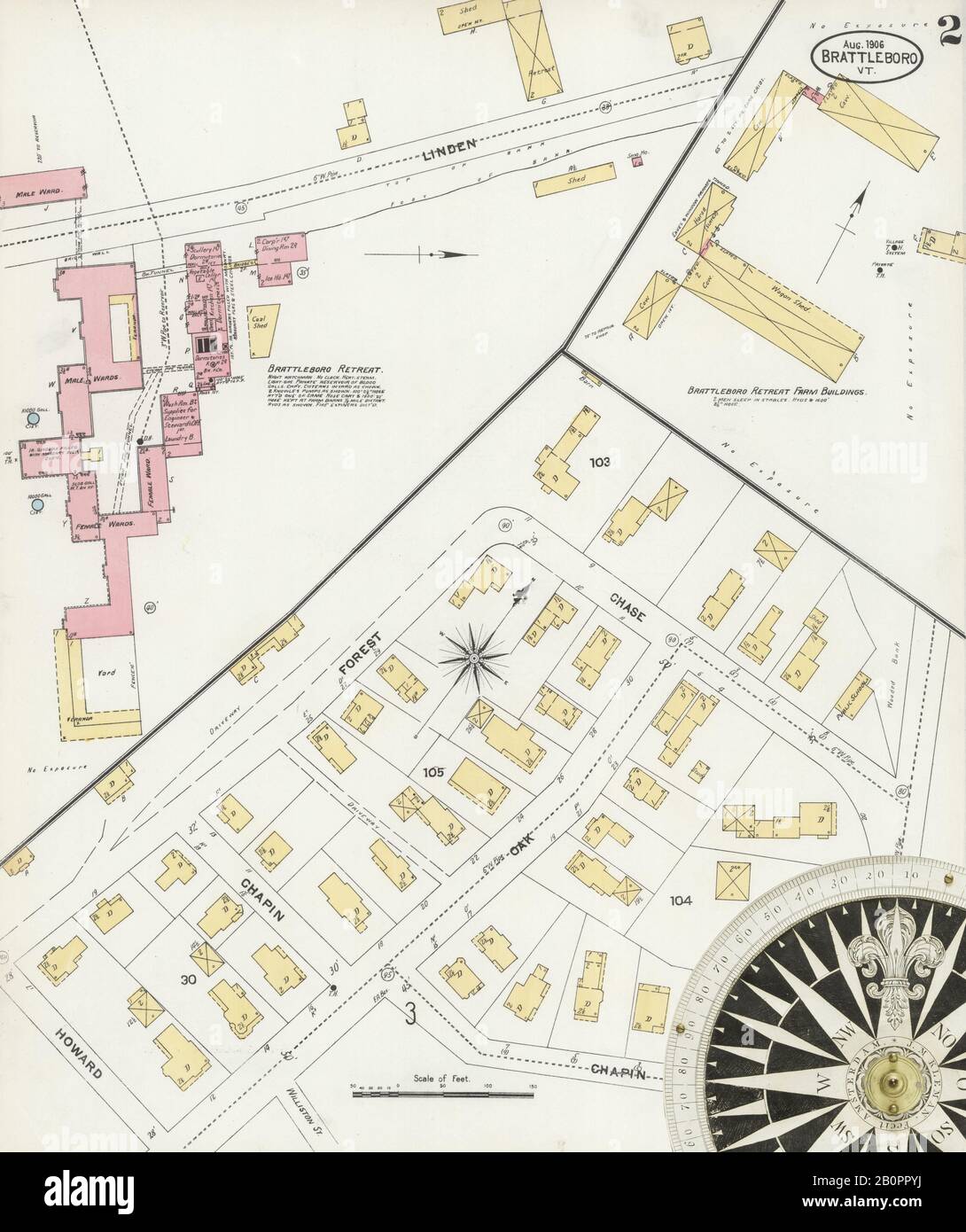 Image 2 of Sanborn Fire Insurance Map from Brattleboro, Windham County, Vermont. Aug 1906. 14 Sheet(s), America, street map with a Nineteenth Century compass Stock Photo