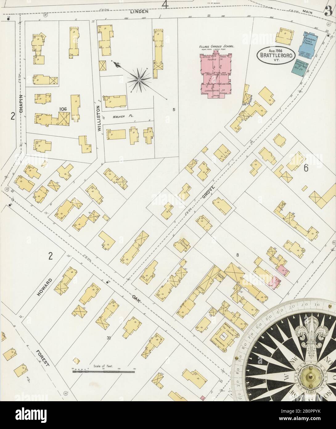 Image 3 of Sanborn Fire Insurance Map from Brattleboro, Windham County, Vermont. Aug 1906. 14 Sheet(s), America, street map with a Nineteenth Century compass Stock Photo