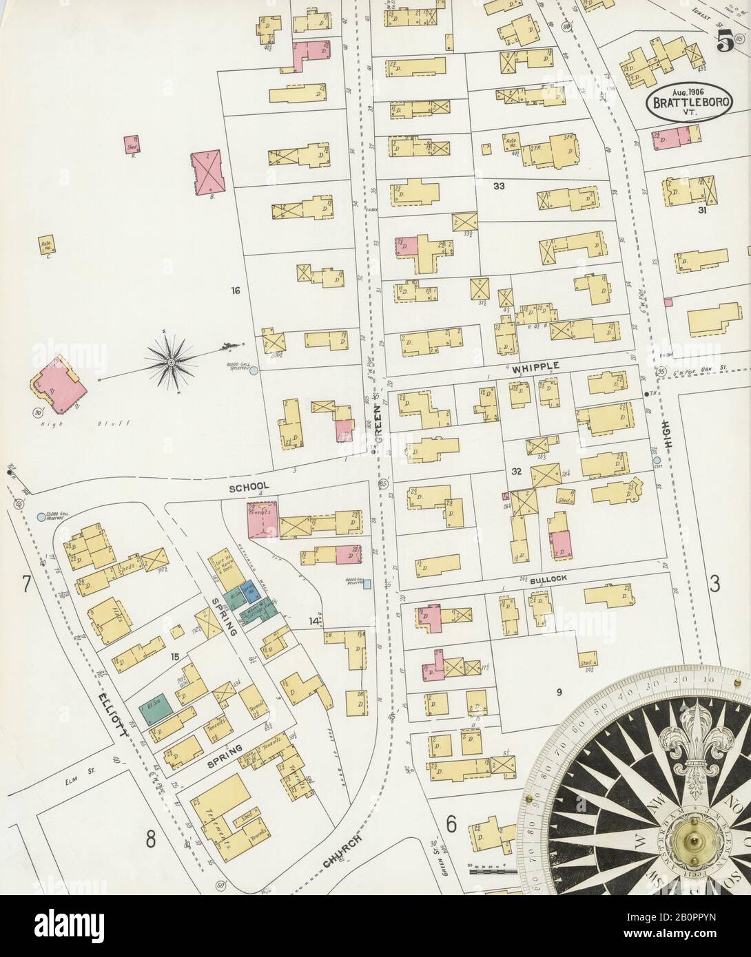 Image 5 of Sanborn Fire Insurance Map from Brattleboro, Windham County, Vermont. Aug 1906. 14 Sheet(s), America, street map with a Nineteenth Century compass Stock Photo