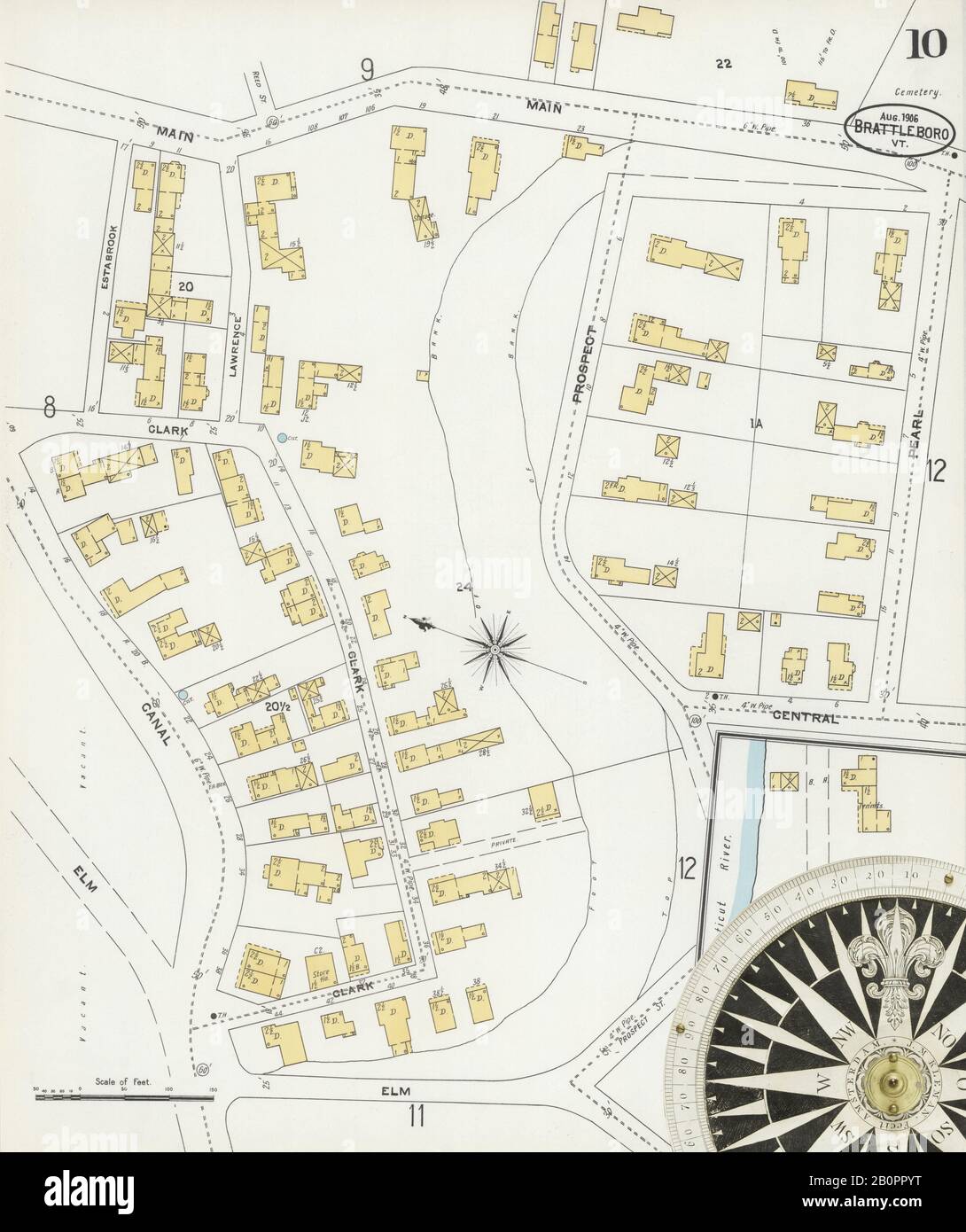 Image 10 of Sanborn Fire Insurance Map from Brattleboro, Windham County, Vermont. Aug 1906. 14 Sheet(s), America, street map with a Nineteenth Century compass Stock Photo